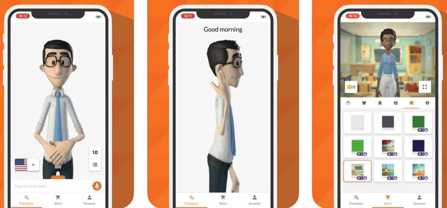 Ekran ustawień aplikacji z ikonami języków migowych polskiego ASL i brytyjskiego BSL