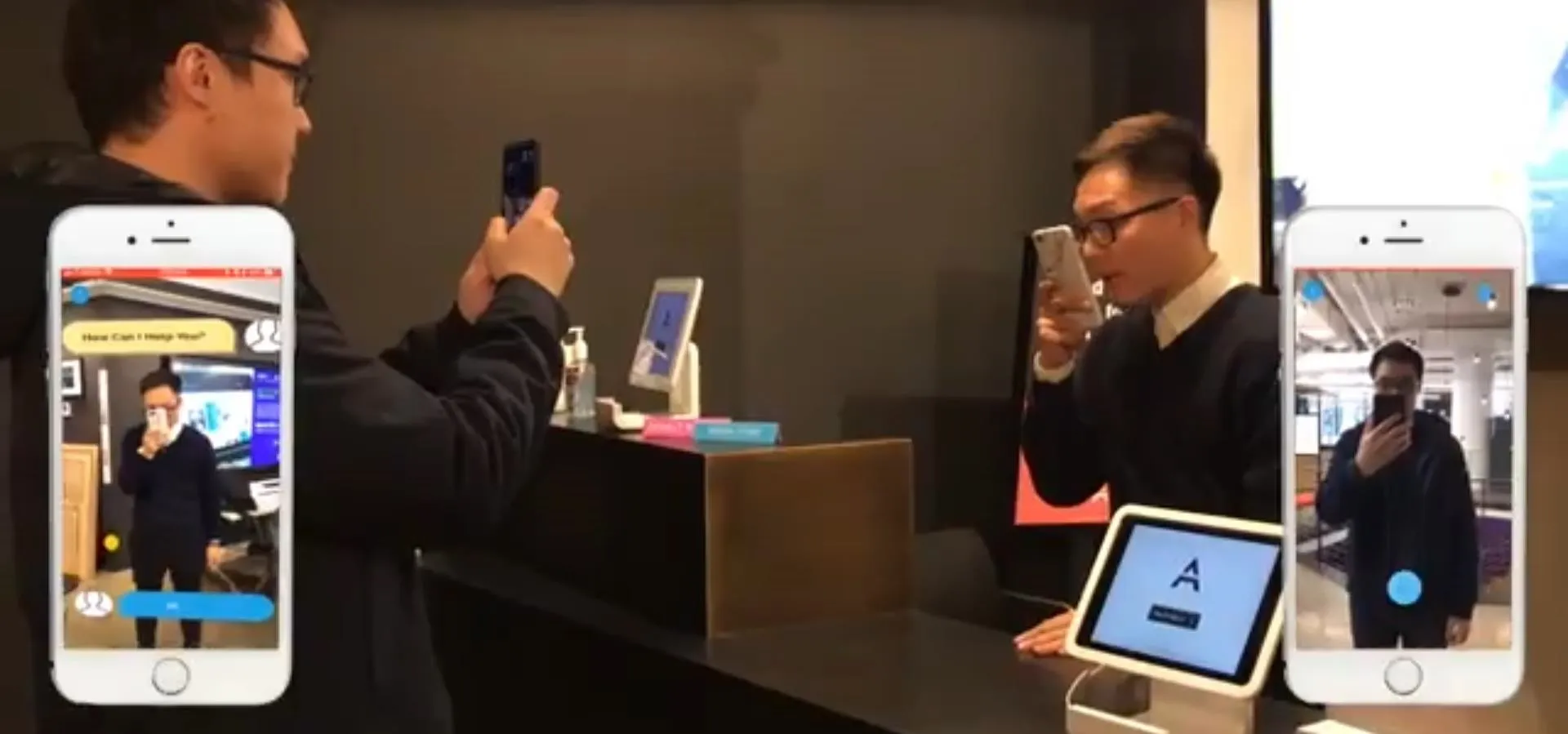 Animowana wirtualna postać na ekranie smartfona migająca słowo cześć z falą dźwiękową z mikrofonu